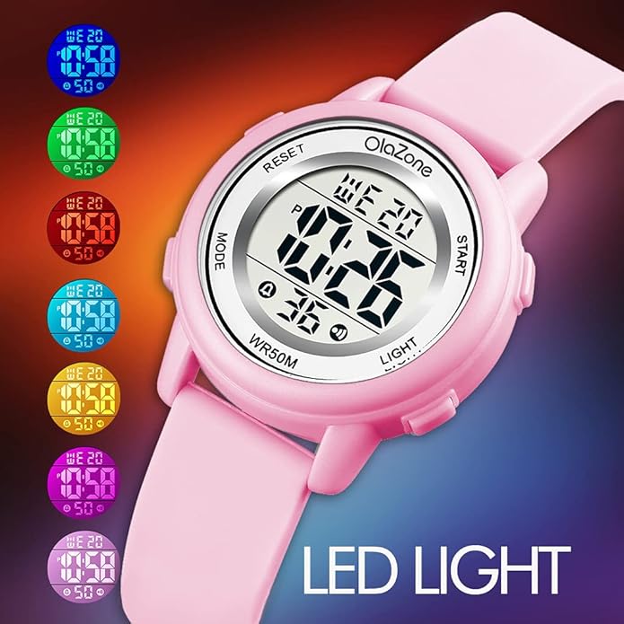 Kids Watch Girls Digital 7-Color Flashing Light Water Resistant 164FT Alarm for Age 7-12