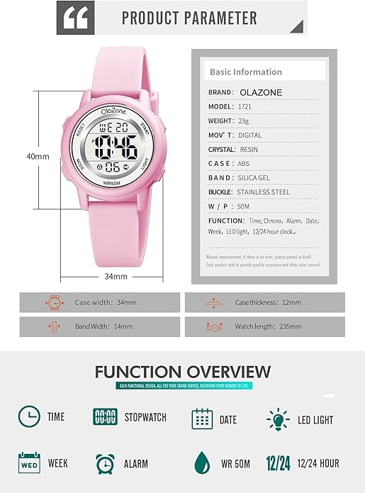Kids Watch Girls Digital 7-Color Flashing Light Water Resistant 164FT Alarm for Age 7-12