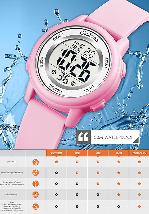 Kids Watch Girls Digital 7-Color Flashing Light Water Resistant 164FT Alarm for Age 7-12