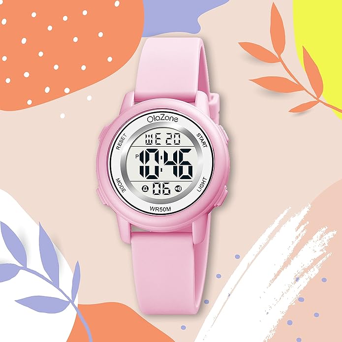 Kids Watch Girls Digital 7-Color Flashing Light Water Resistant 164FT Alarm for Age 7-12